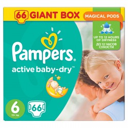 Подгузники, Pampers (Памперс) 15+ кг р. 6 №66 актив беби драй экстра лардж